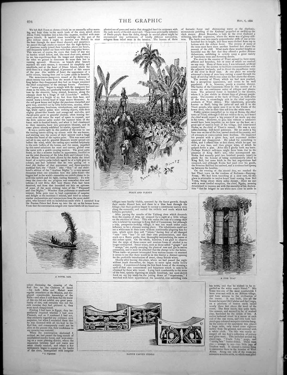 Antique Print Native Carved Stools Cattle Crops Boat Cameroons River 1886 19th