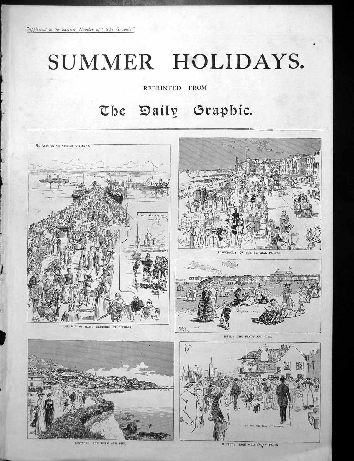 Old Antique Print Isle Man Blackpool Rhyl Ventnor Ramsgate Dover Summer