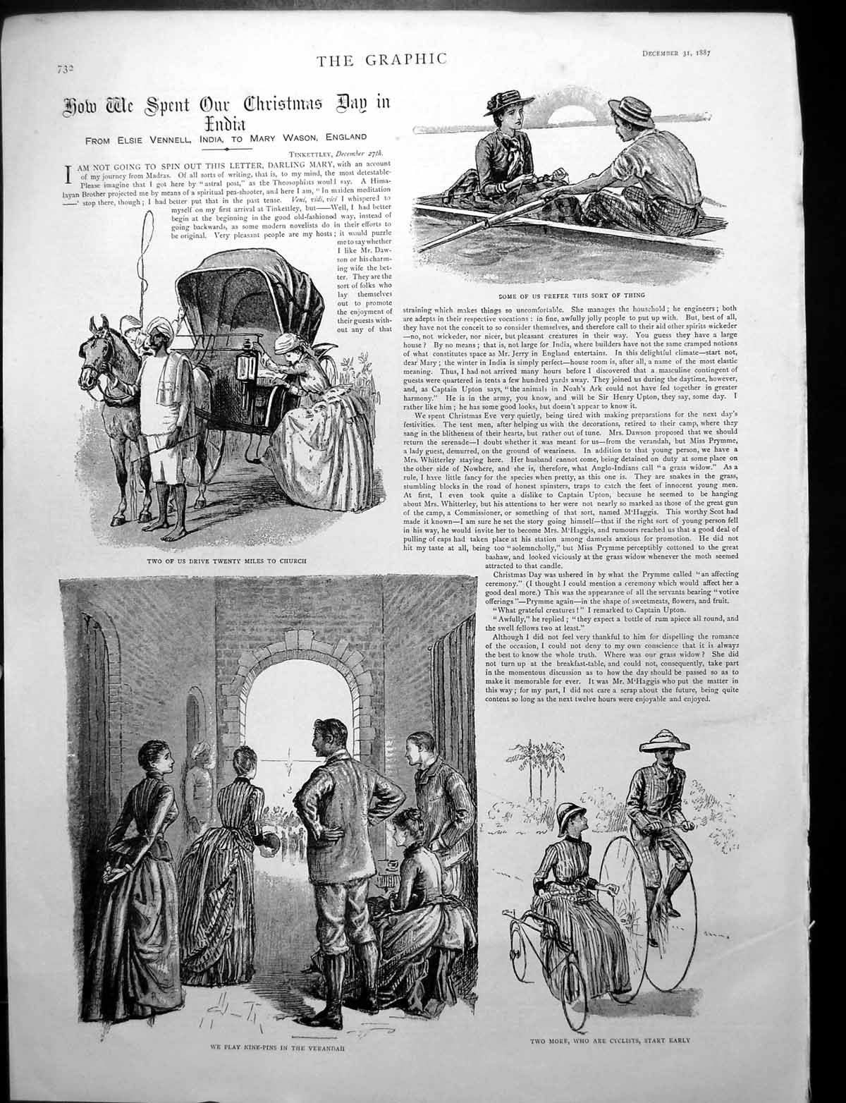 Antique Print Christmas Day India Nine-Pins Cycling Hand Fire Engine 1887 19th