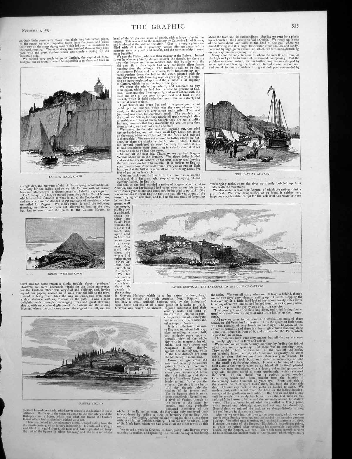 Old Print Corfu Cattaro Castel Nuovo Deck Undine Ampitheatre Ragusa 1887 19th