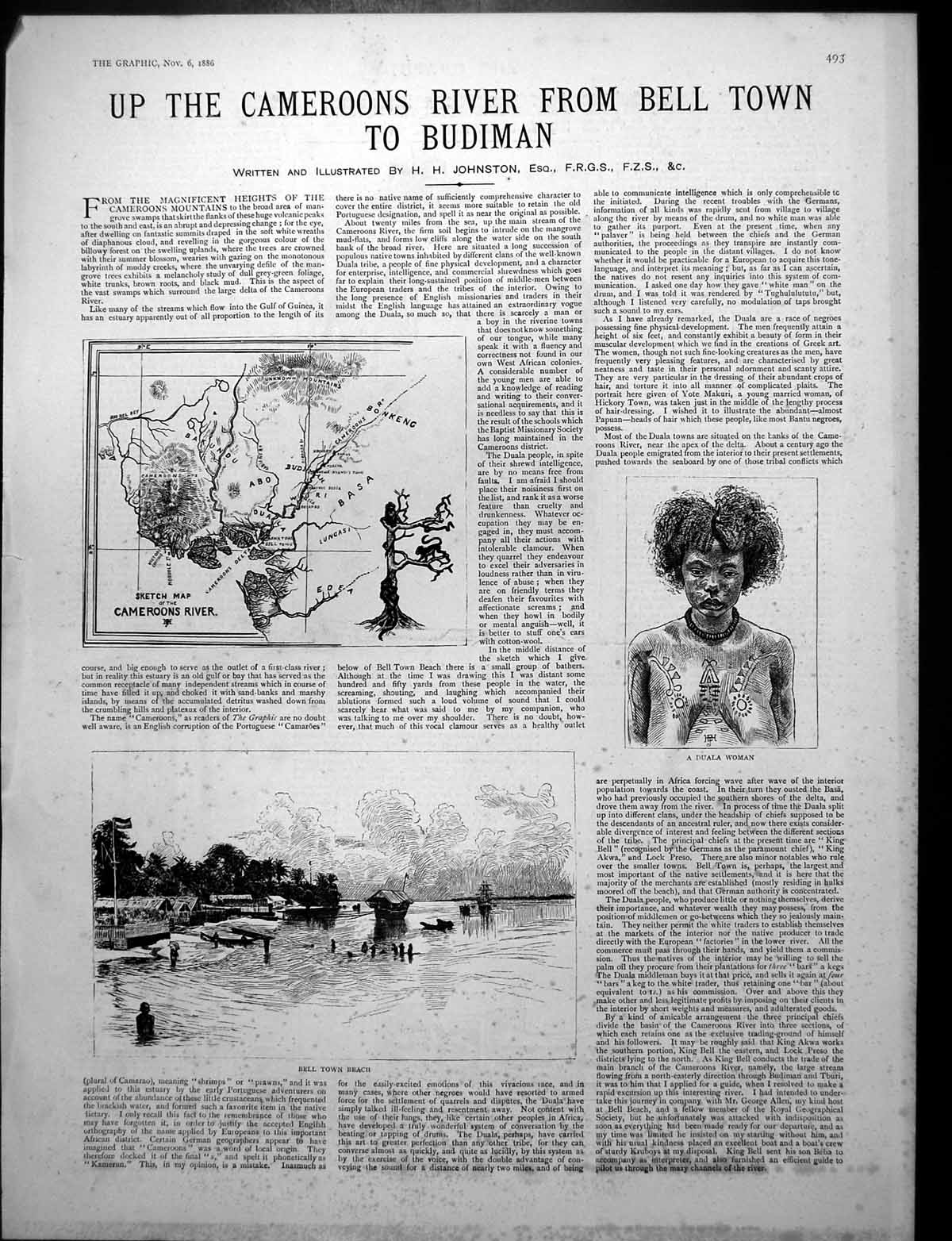 Antique Old Print Cameroons River Bell Town Beach Native Carved Stools 1886