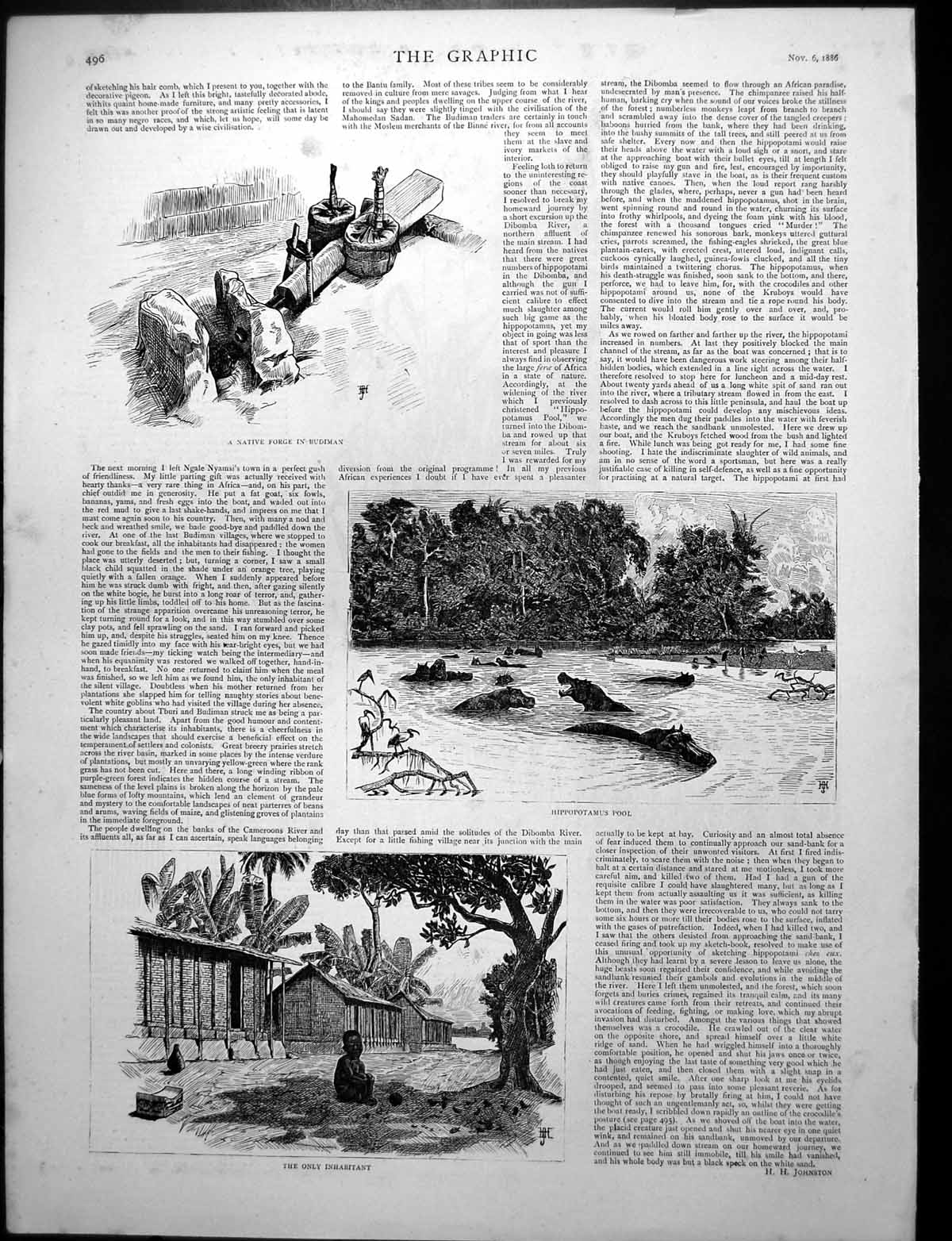 Old Print Native Forge Budiman Hippopotamus Pool Orchids Crocodile 1886 19th