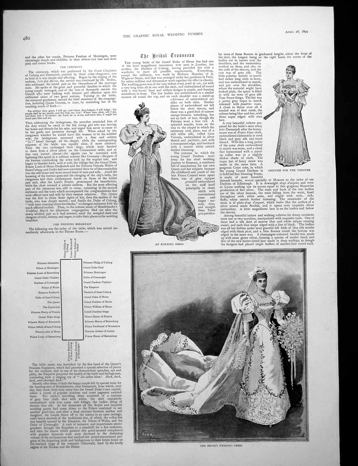 Antique Old Print Bridal Trousseau Wedding Dress Reception Queen Coburg 1894