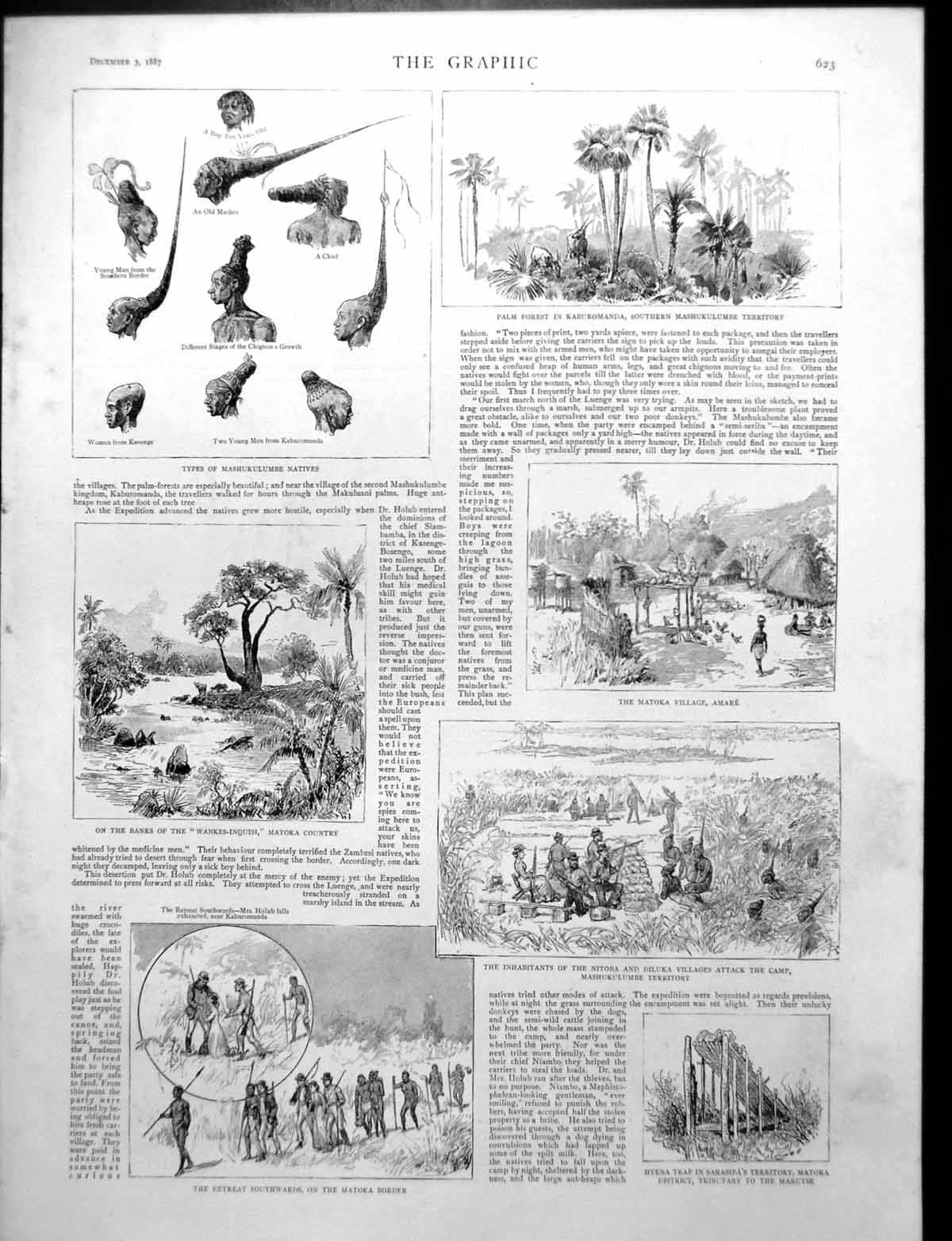 Old Print Types Mashukulumbe Natives Palm Forest Village Huts Boats 1887 19th