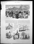 Old Antique Print Market Day Tower Ouchy Chapel Vidy English Church 1889 19th
