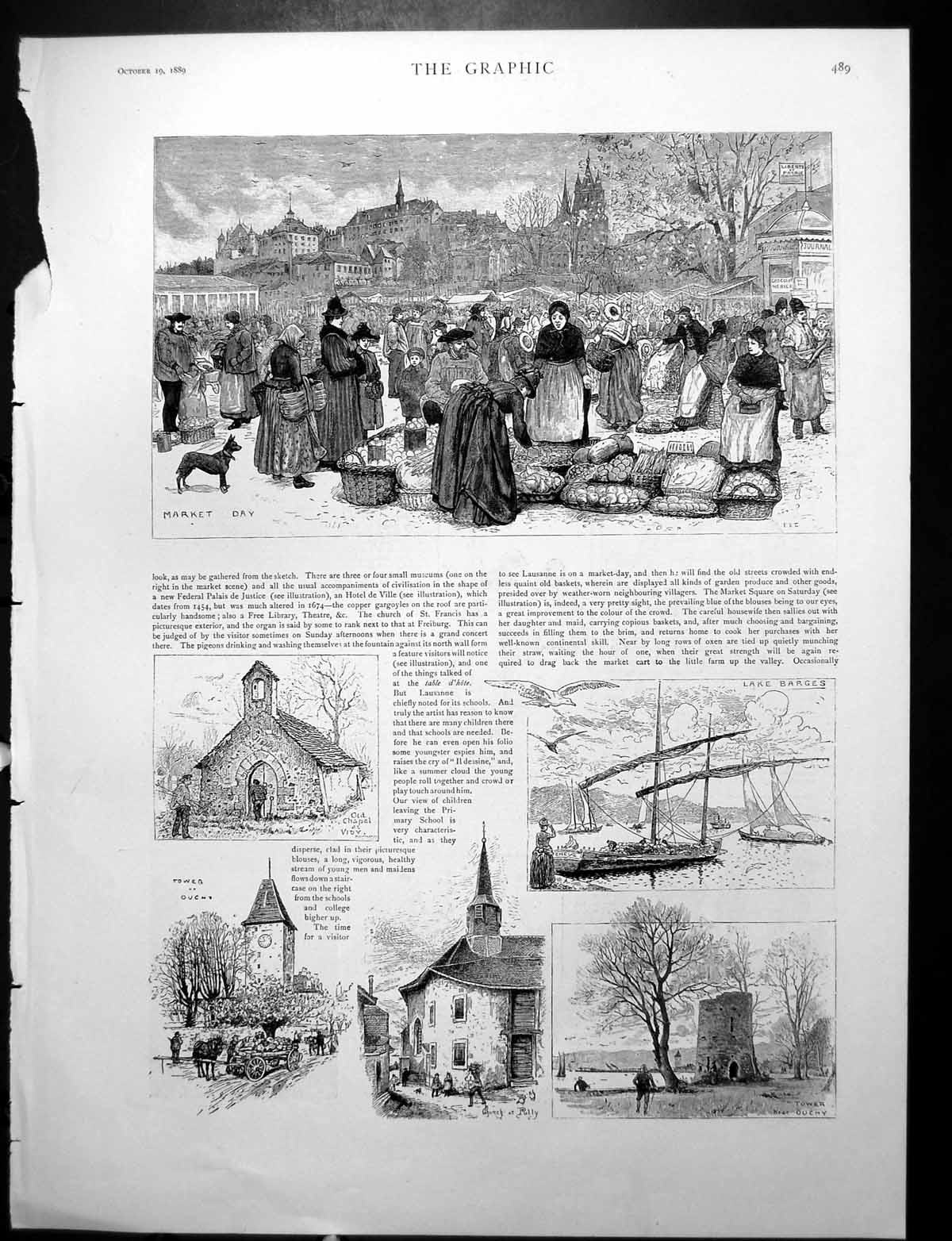 Old Antique Print Market Day Tower Ouchy Chapel Vidy English Church 1889 19th