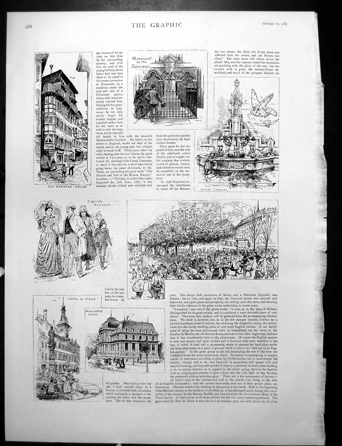 Antique Old Print Bernese House Hotel De Ville Lausanne Gibbon'S Garden 1889