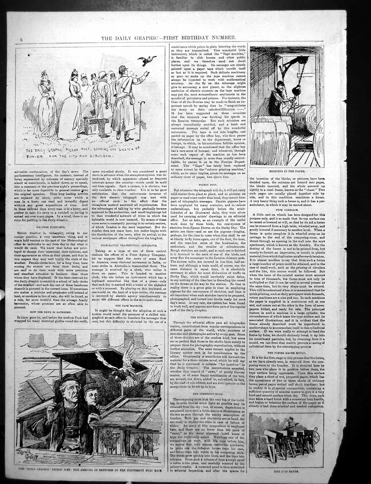 Old Print Daily Graphic Pigeon Post Sketches Boat Race Studio Production