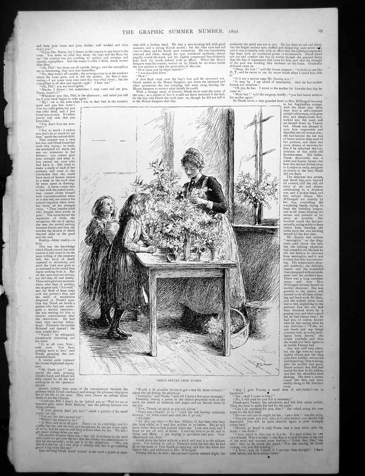 Antique Old Print Lady Flower Arranging Talking Children Gentleman Maid 1892