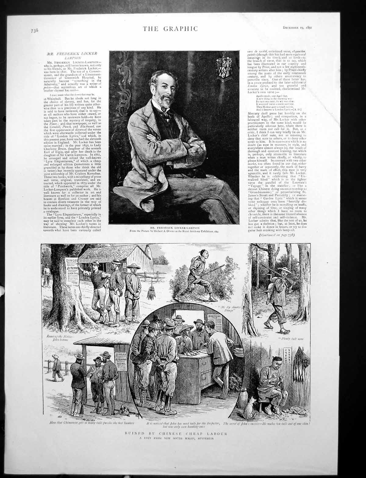 Old Print Dingo Reward Australia Chinese Man Wins Lord R Churchill 1891 19th