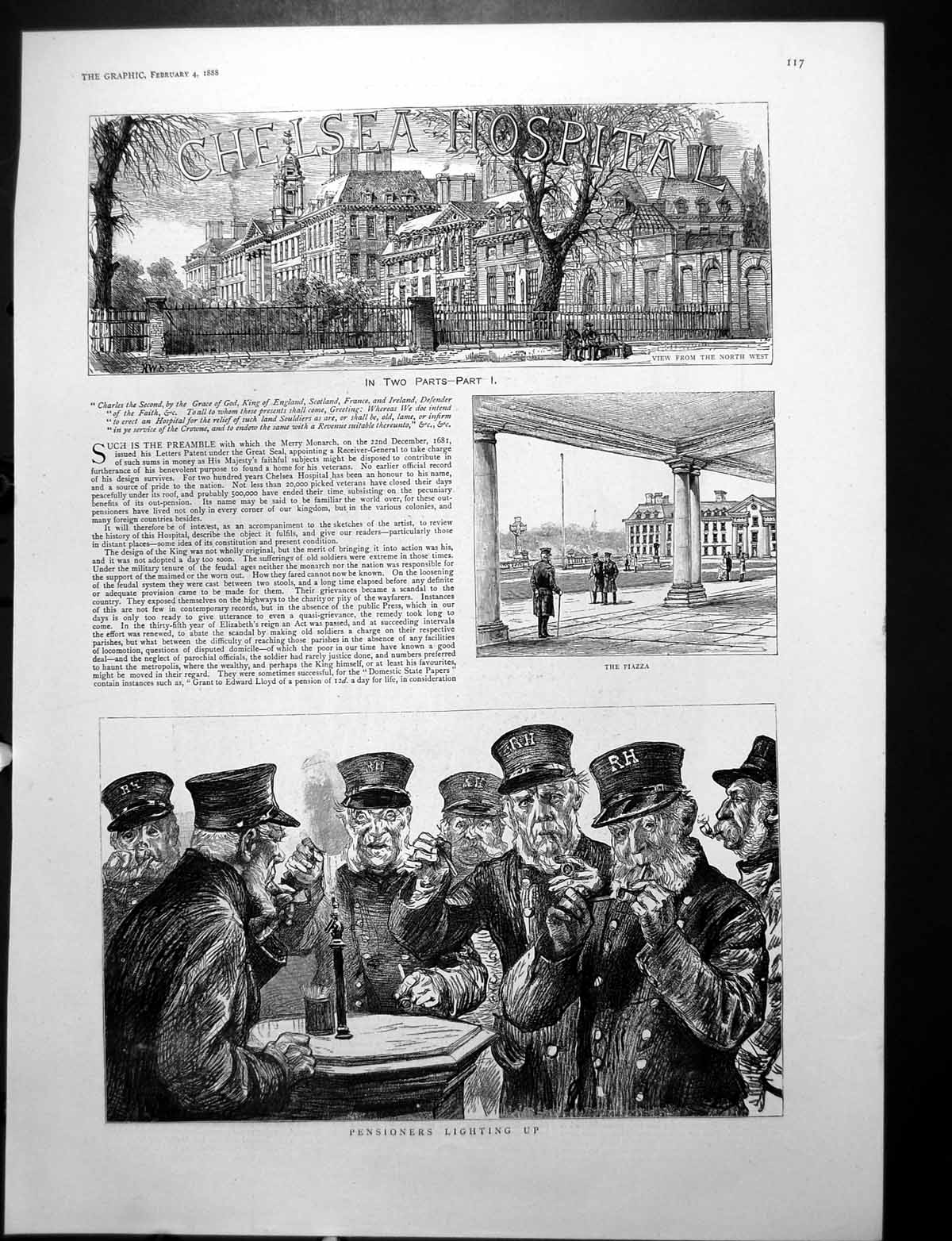 Antique Old Print Chelsea Hospital Piazza Prisoners Lighting Up Chapel 1888