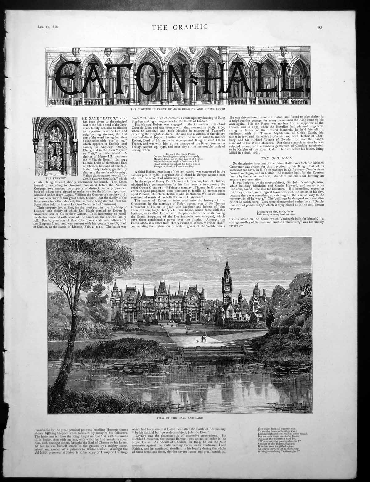 Old Antique Print Eaton Hall View Over Lake The Great Drawing Room 1886 19th