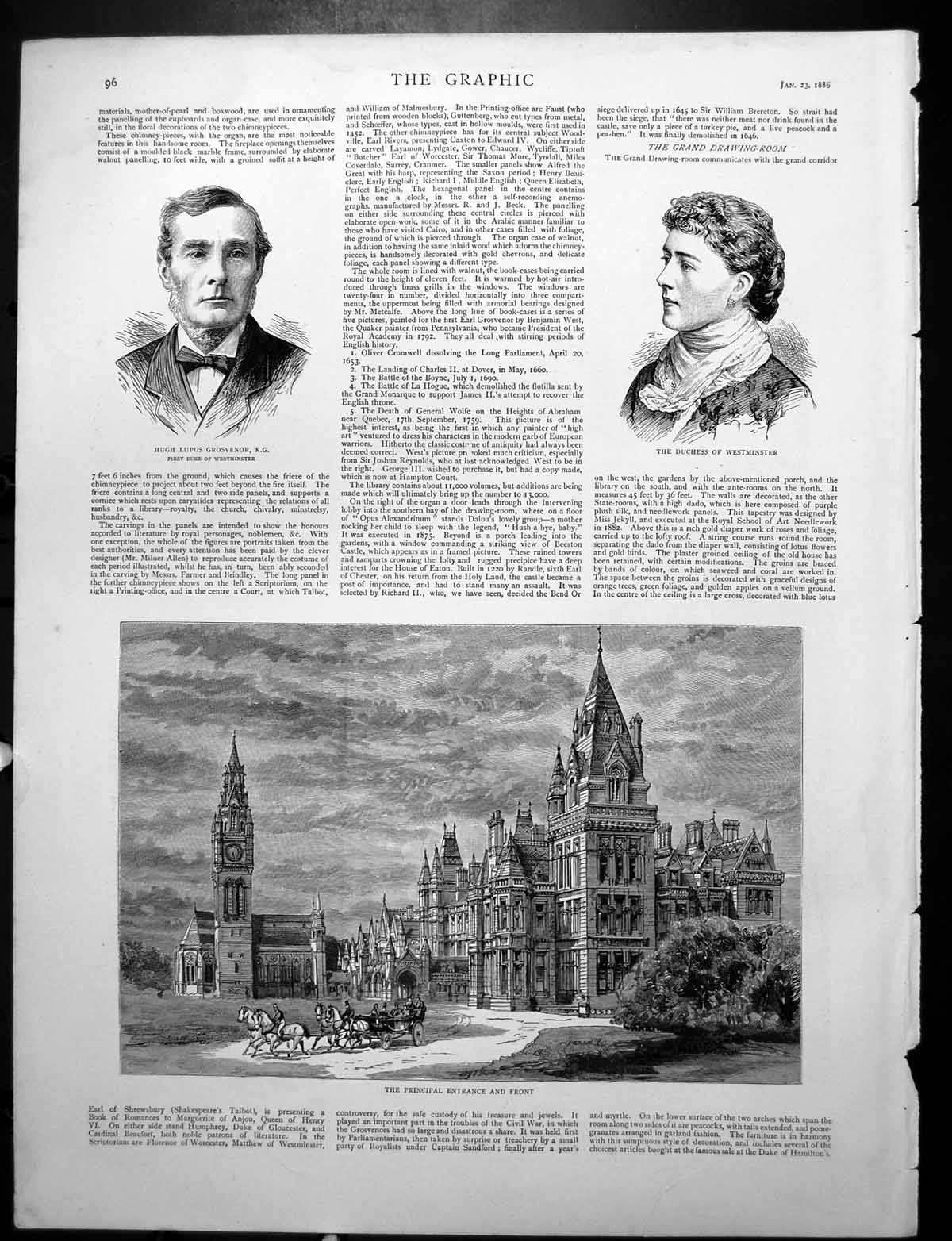 Antique Print Principal Entrance And Front Eaton Hall Great Corridor 1886 19th