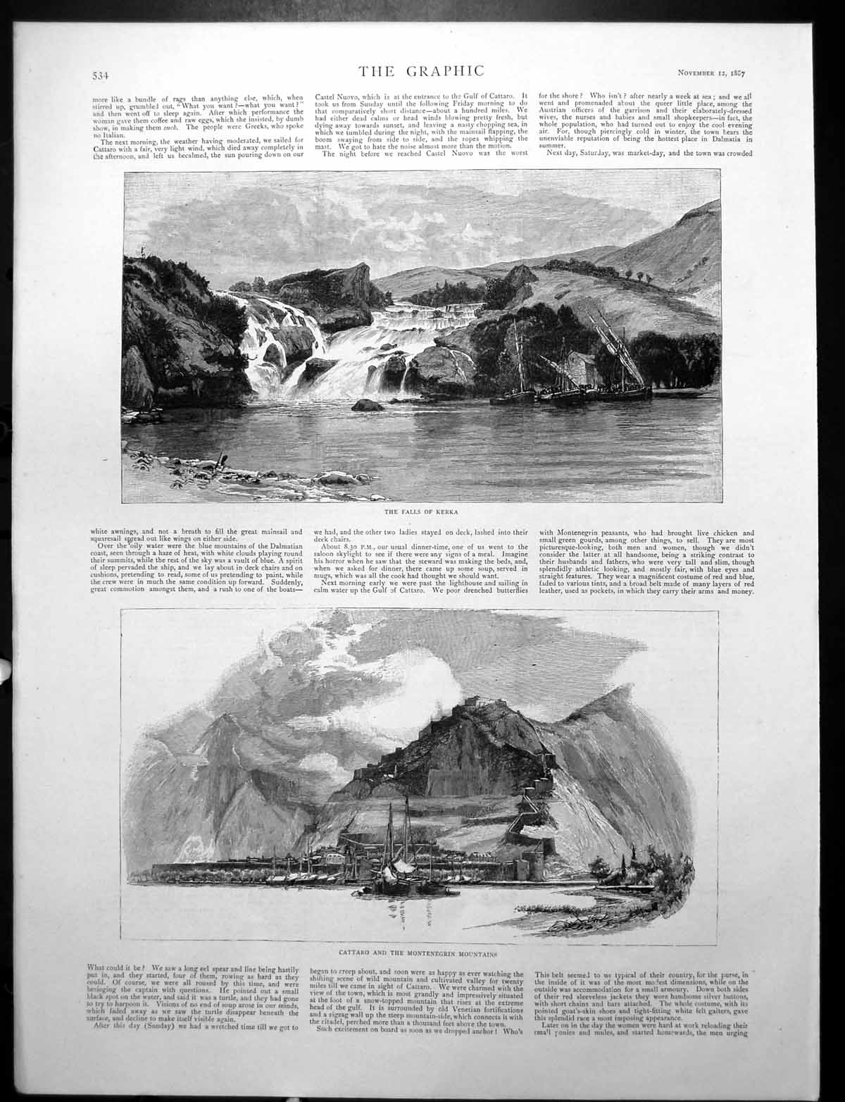 Old Print Falls Kerka Cattro Montenegrin Mountains On Board Undine 1887 19th