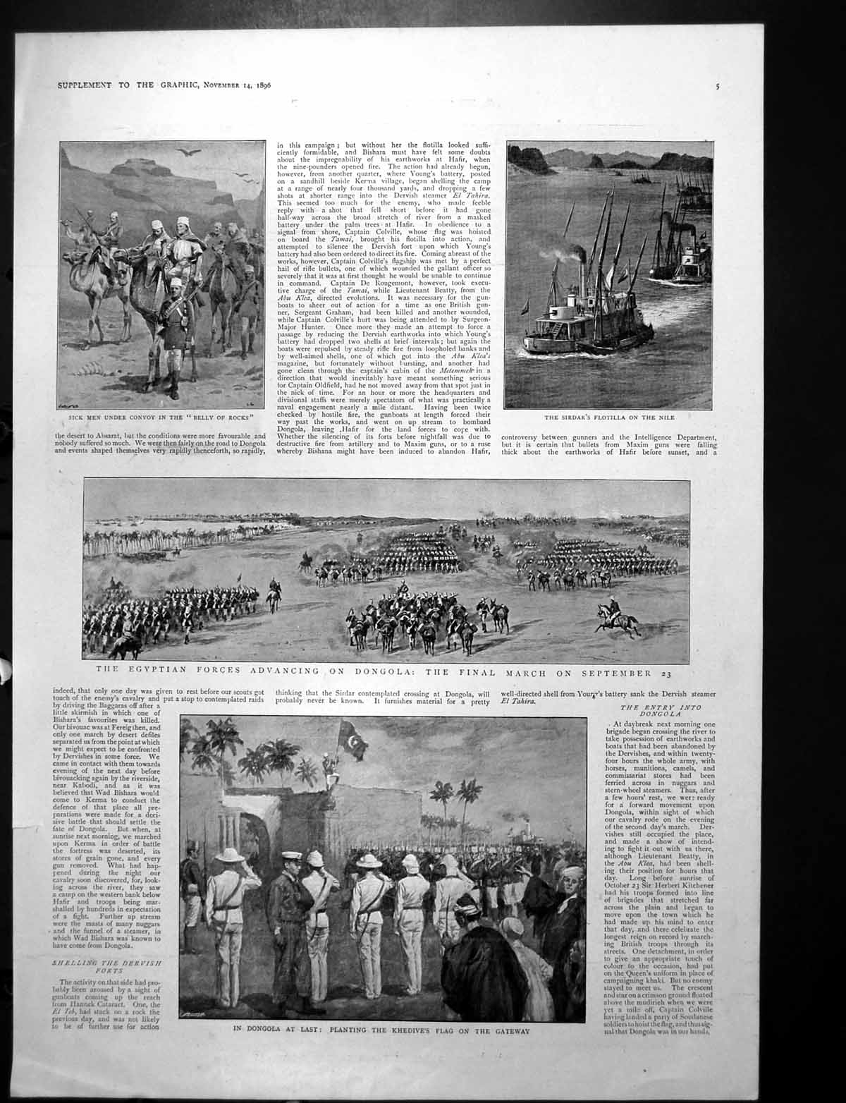 Old Print Egyptian Forces Advancing Dongola Flag Bovril Co'S Cattle 1896 19th