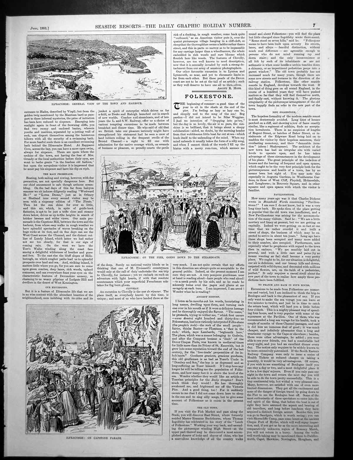 Old Print Ilfracombe Town Harbour Pier Parade Folkestone Town Beach 1891 19th