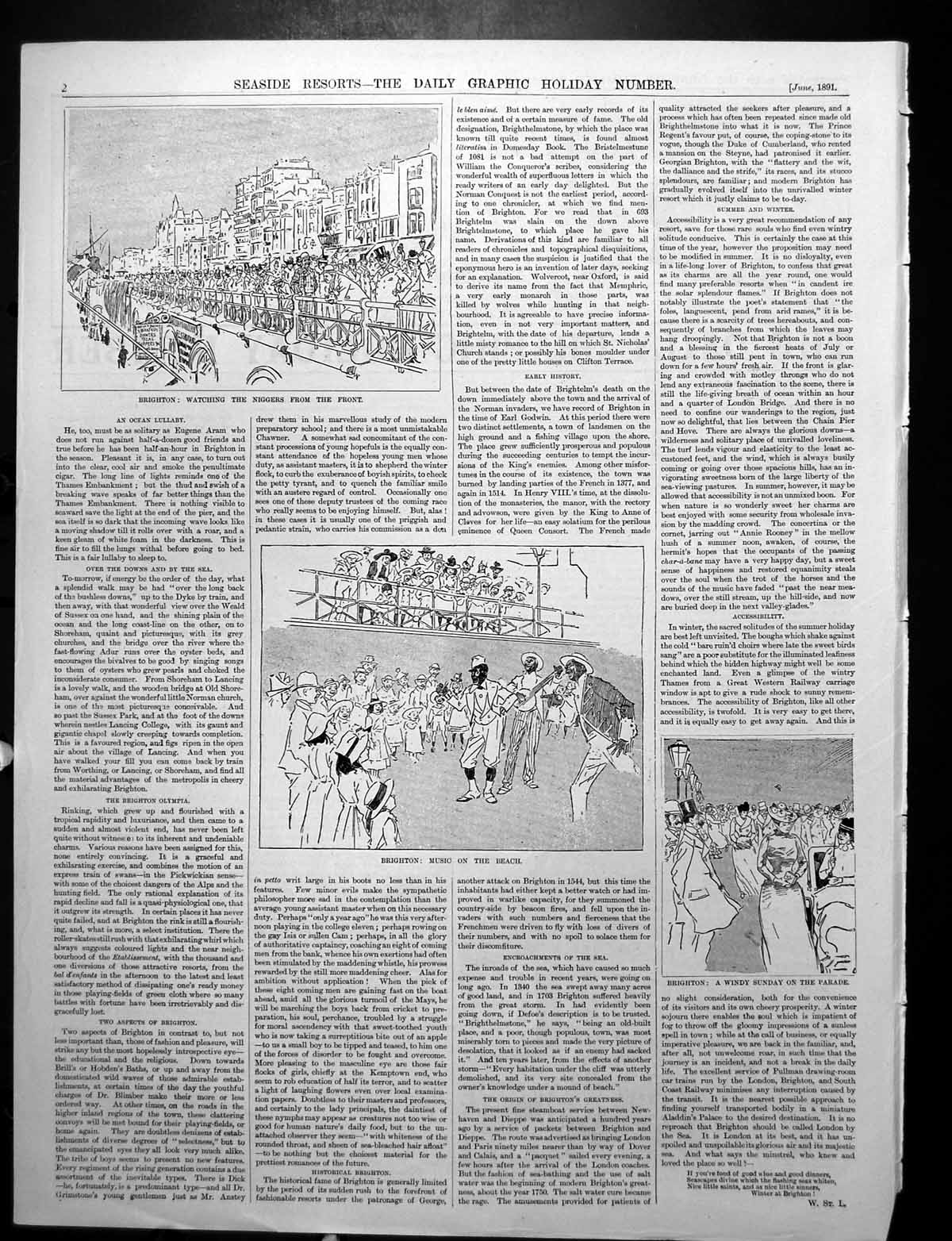 Old Brighton Music On The Beach Windy Day Lawn Hotel Metrapole 1891Victorian