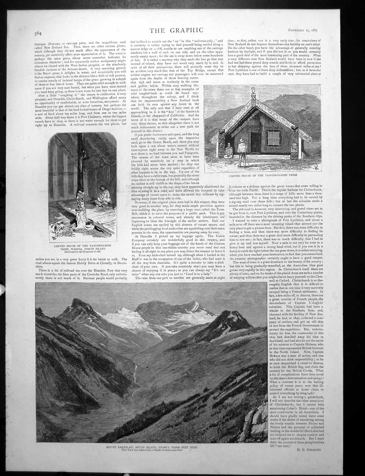 Antique Old Print Mount Earnslaw South Island Carved House Lake Hawea 1887