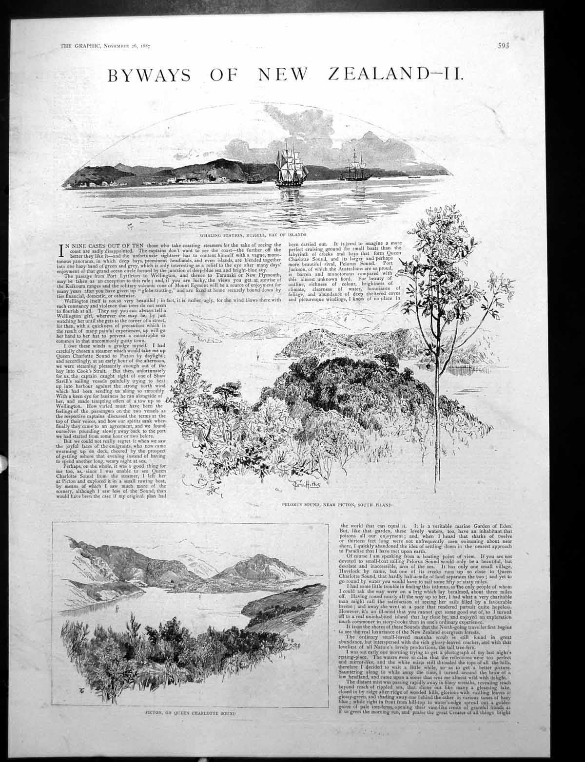 Old Antique Print Whaling Station Russell Bay Islands Pelorus Sound 1887 19th