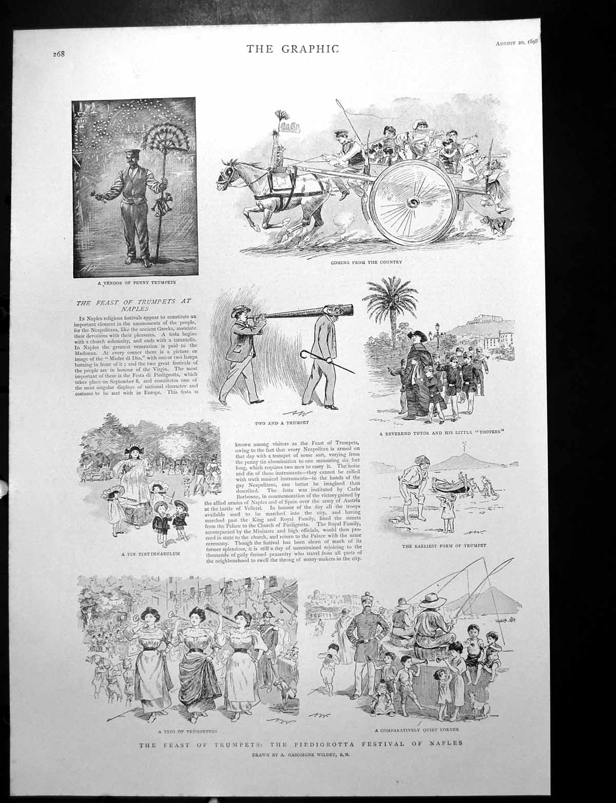 Antique Old Print Feast Trumpets Naples Piedigrotta Bizerta French Navy 1898
