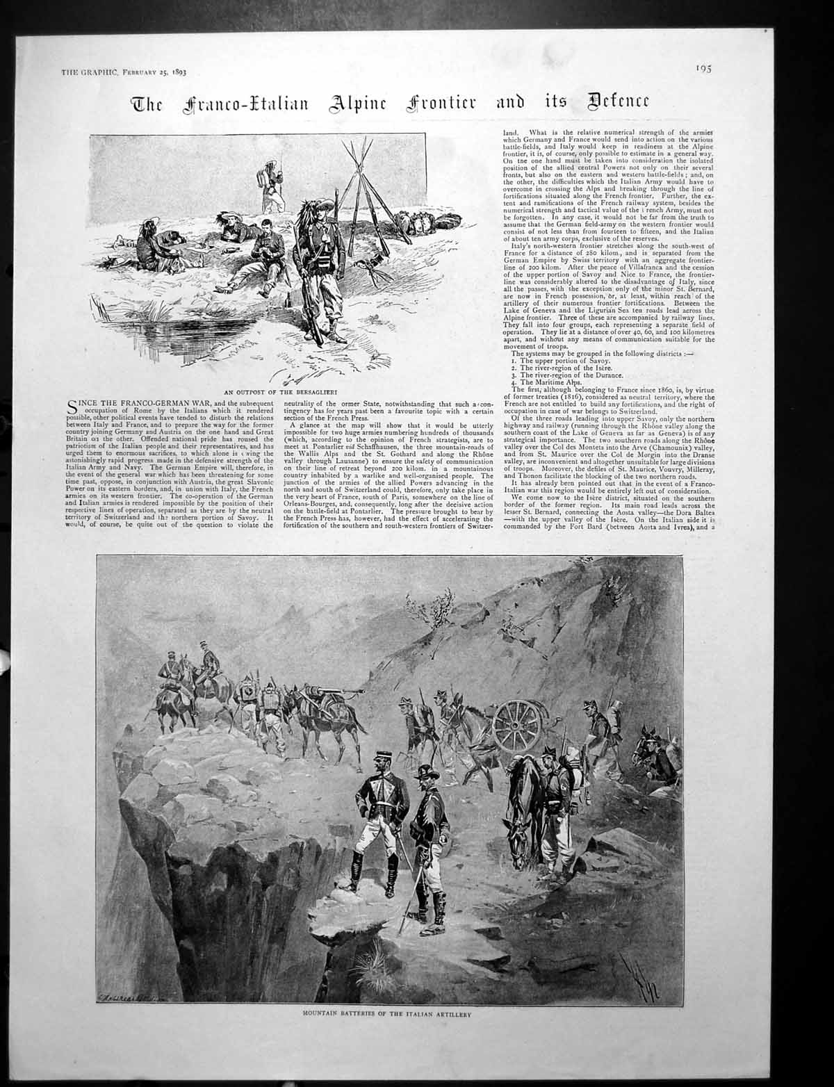 Antique Print Franco-Italian Alpine Frontier Defence Field-Artillery 1893 19th