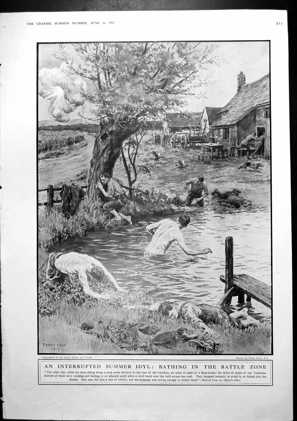 Antique Old Print Interrupted Summer Idyl Bathing Battle Zone Frank Dadd 1917