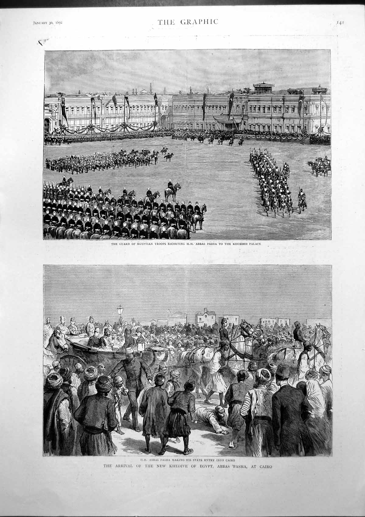 Old Print Arrival New Kheive Egypt Abbas Pasha Cairo Koubbeh Palace 1892 19th