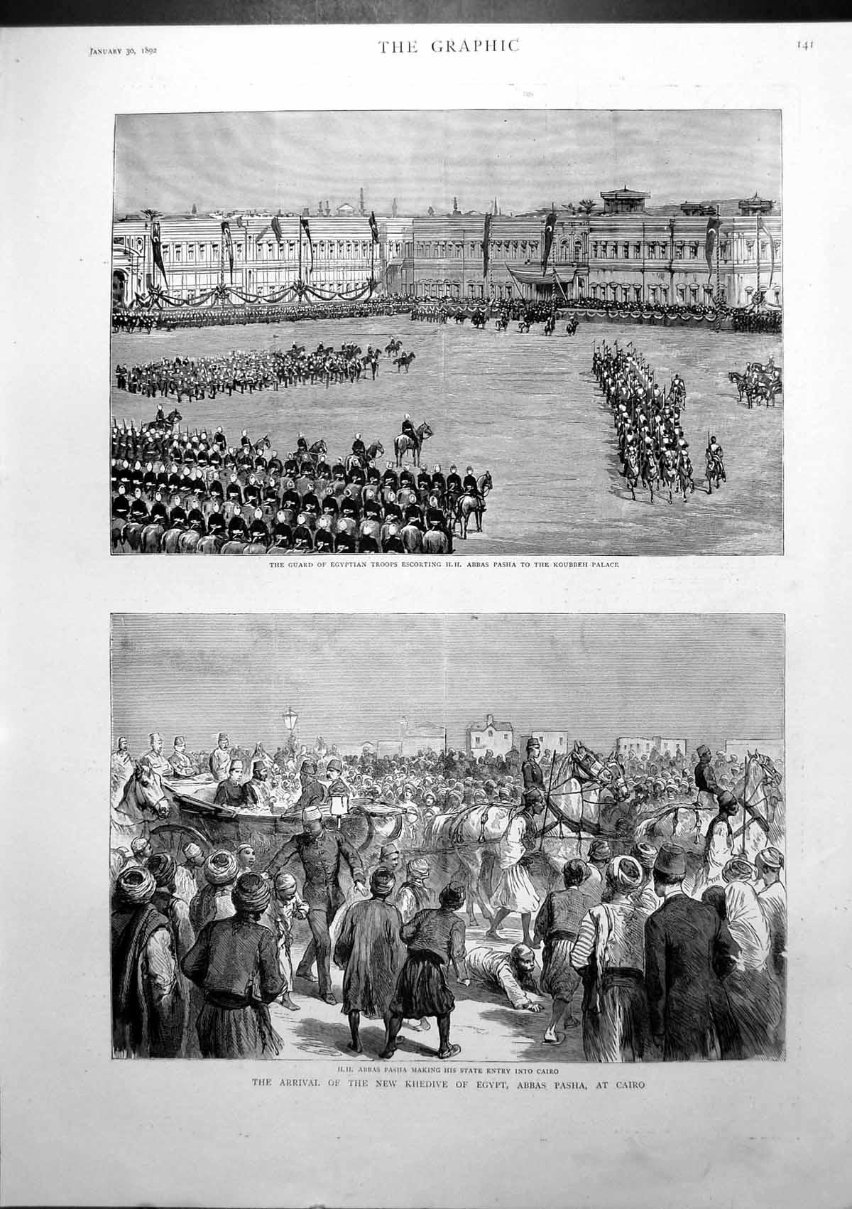 Antique Old Print Hh Abbas Pasha State Entry Cairo Guard Egyptian Troops 1892