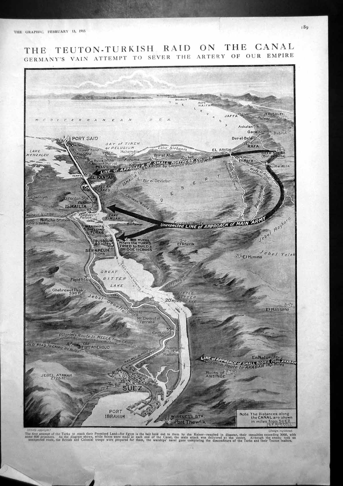 Old Print Teuton Turkish Raid Canal Map German Attempt Sever Artery 1915 20th