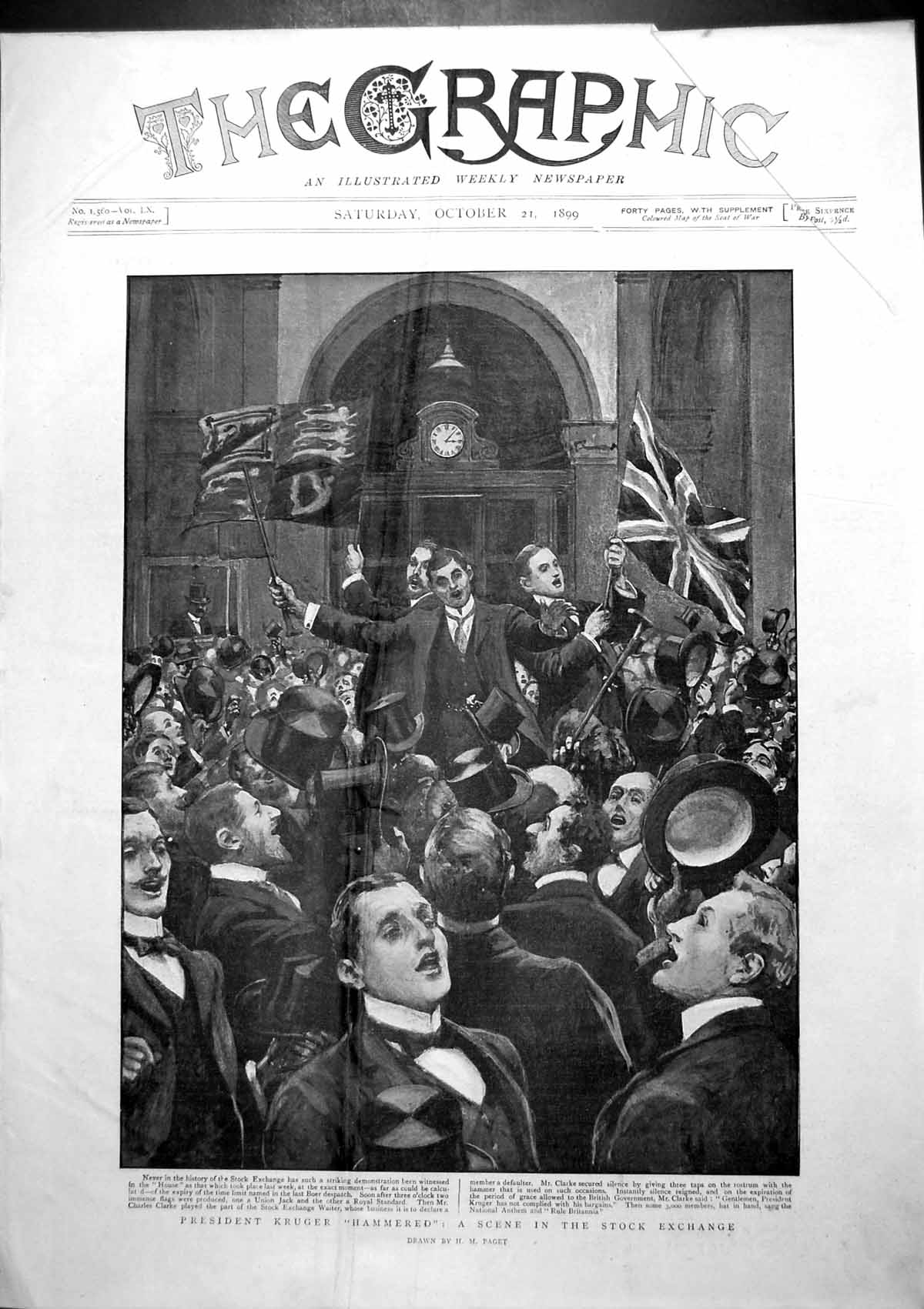 Antique Old Print President Kruger Hammered Scene Stock Exchange H Paget 1899