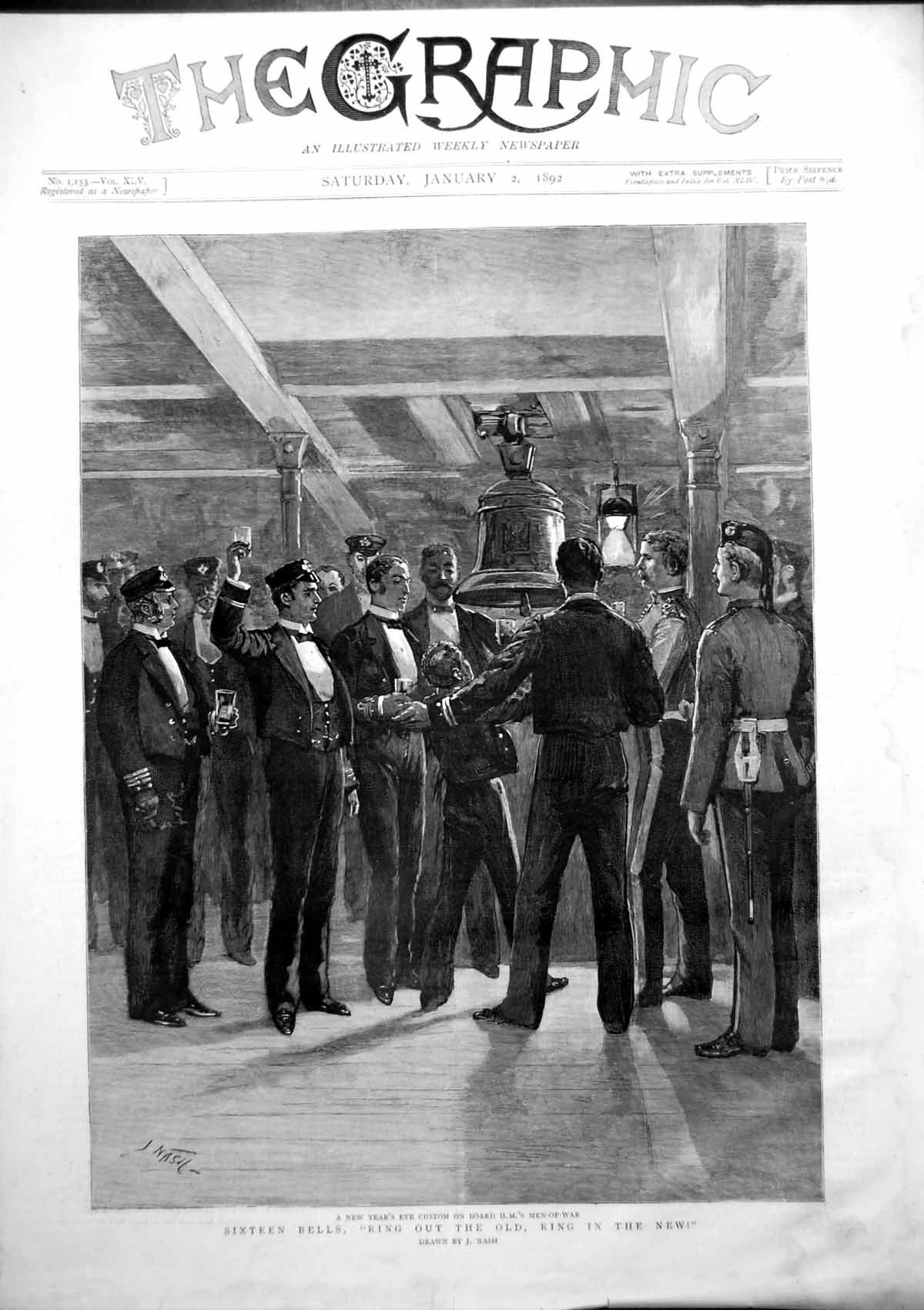 Old Antique Print Sixteen Bells New Years Custom Onboard Hm Men War 1892 19th