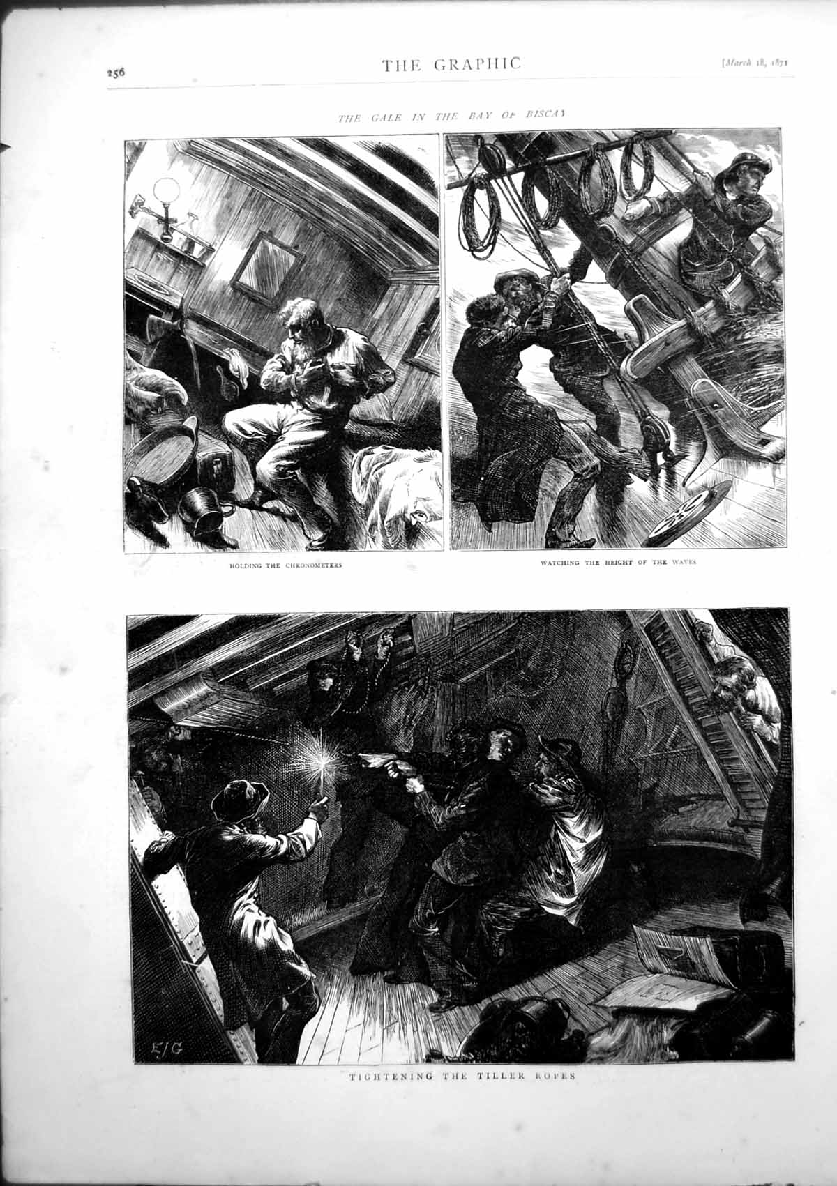 Old Print Gale Bay Biscay Tightening Tiller Ropes Hing Chronometres 1871 19th