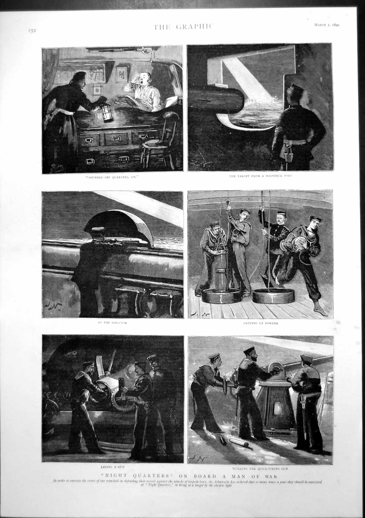 Antique Print Night Quarters Onboard Man War Laying Working Gun Target 1890