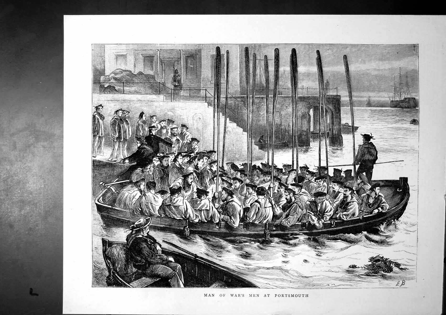 Original Old Antique Print Man Wars Men Portsmouth Hing Up Oars Boat 1870 19th
