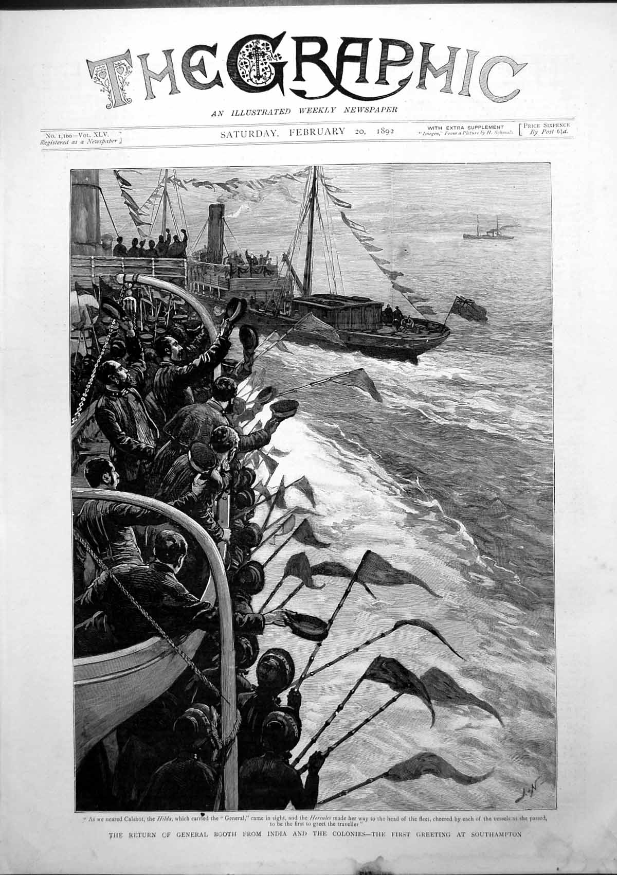 Old Print Return Gen Booth India Colonies First Greeting Southampton 1892 19th