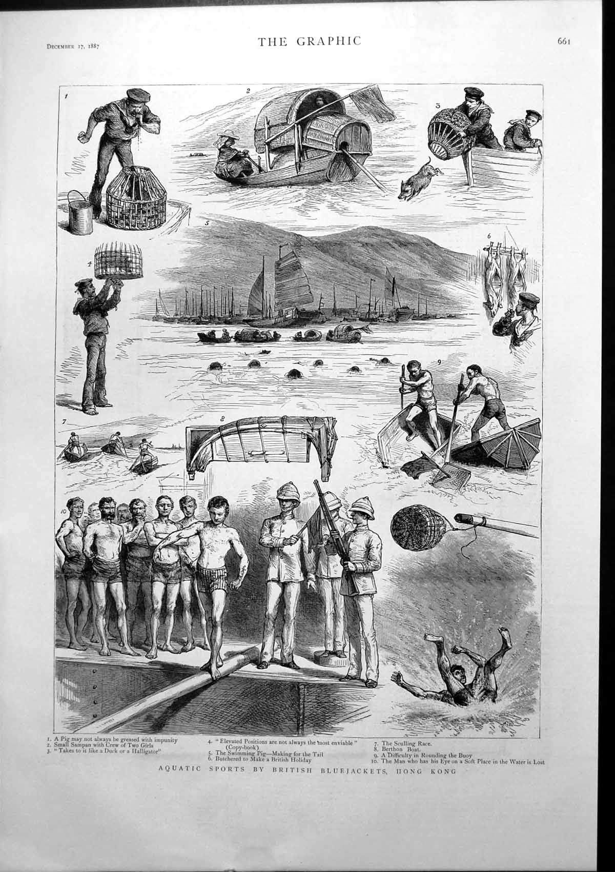 Old Print Aquatic Sports British Bluejackets Hong Kong Swimming Pig 1887 19th