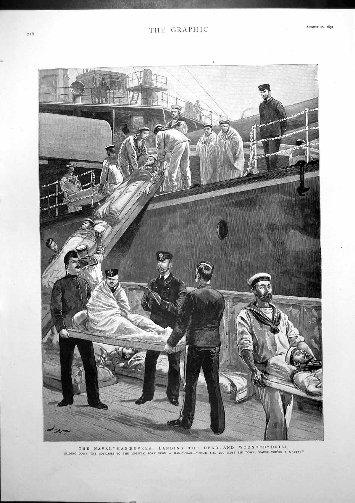 Old Print Naval Manoeuvres Landing Dead Wounded Drill Hospital Boat 1892 19th