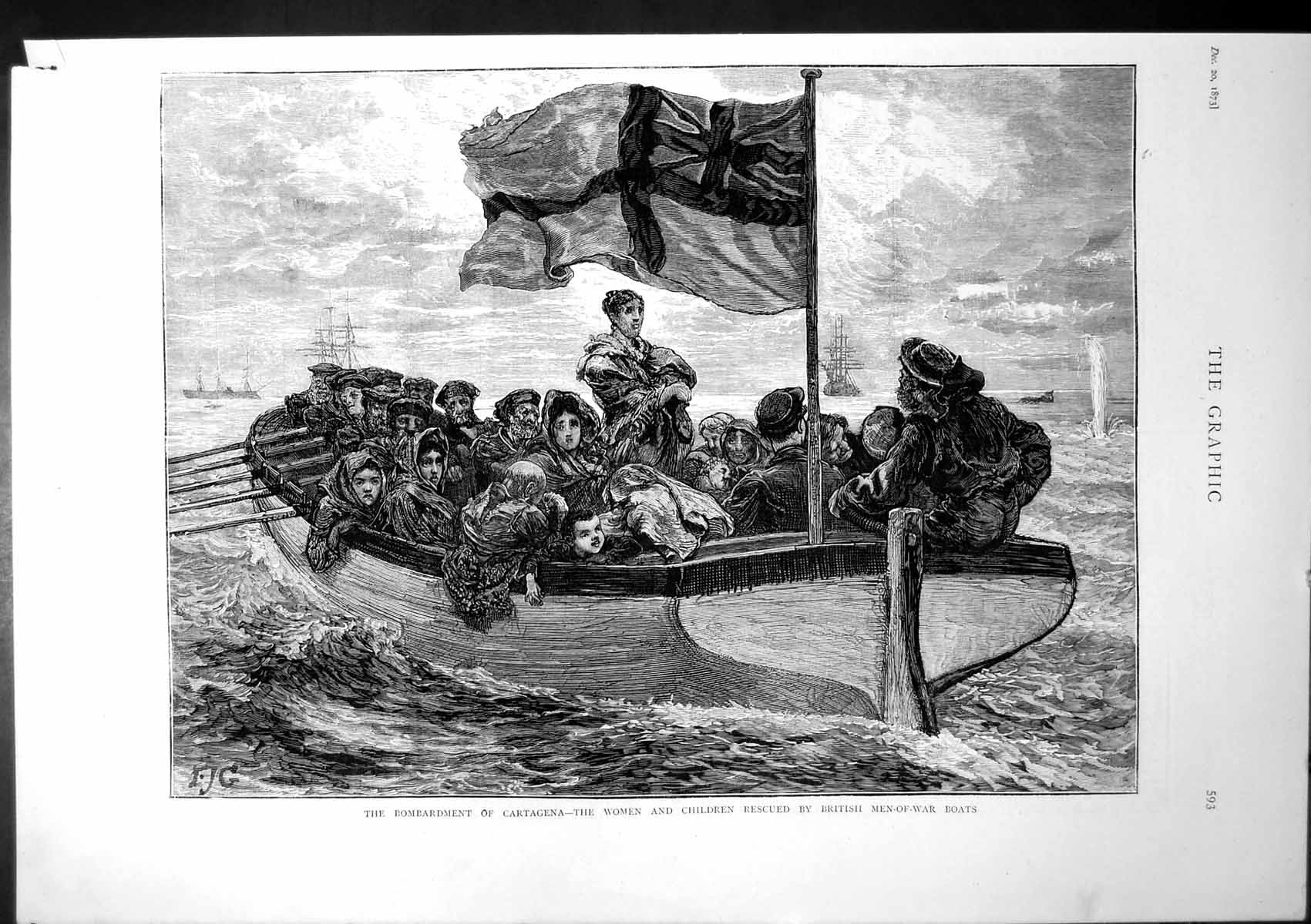 Old Print Bombardment Cartagena Women Children Rescued British Boats 1873 19th