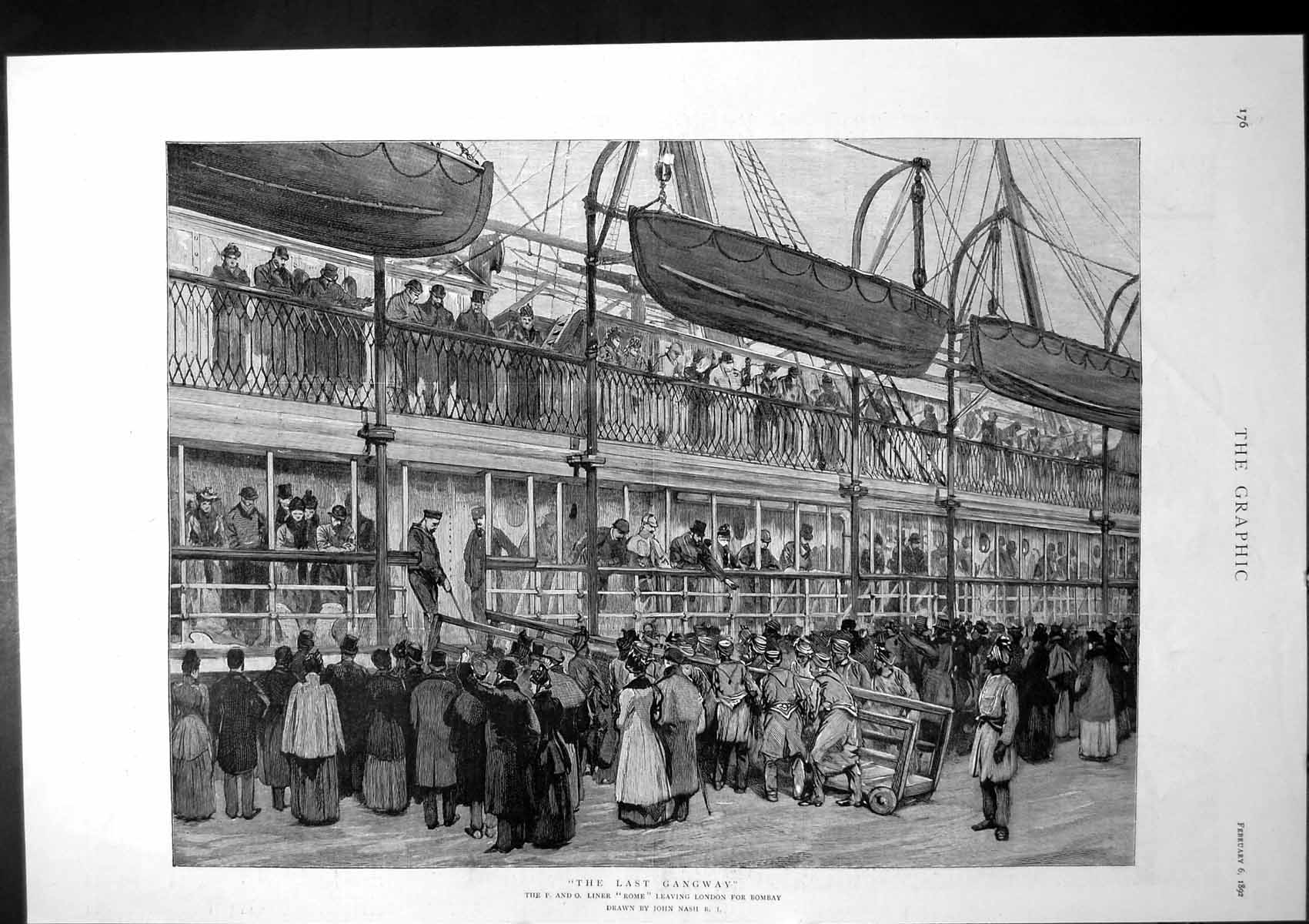 Antique Old Print Last Gangway P O Liner Rome Leaving London For Bombay 1892