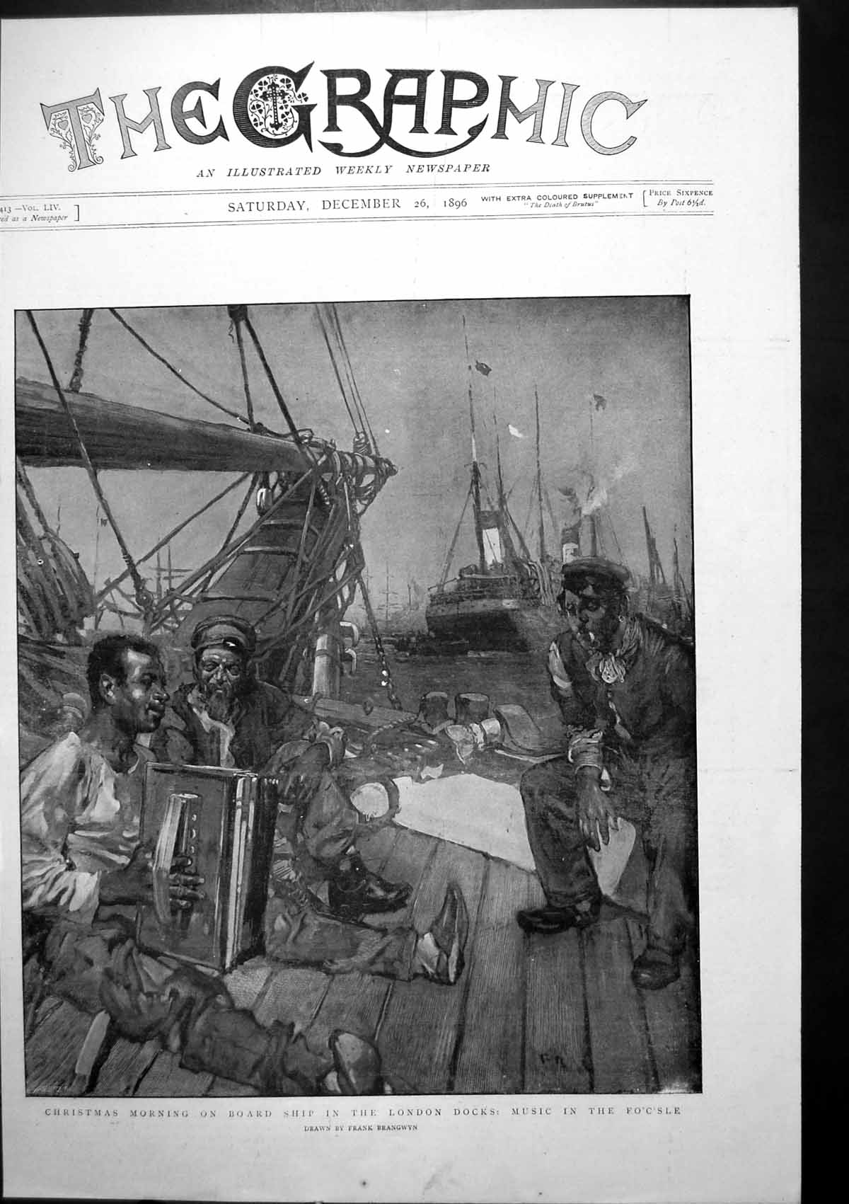 Old Antique Print Christmas Morning On Board Ship London Docks Music 1896 19th
