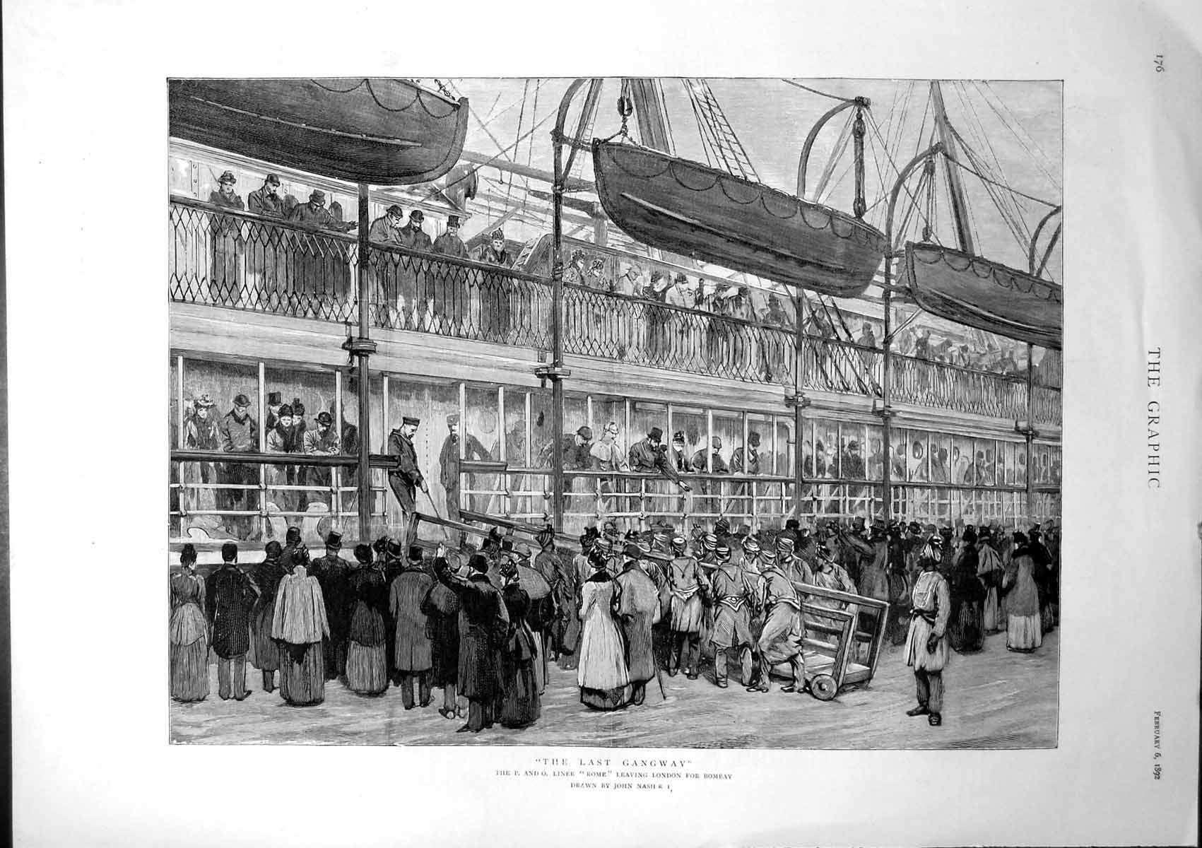 Antique Print Last Gangway John Nasher P O Liner Leaving London Bombay 1892