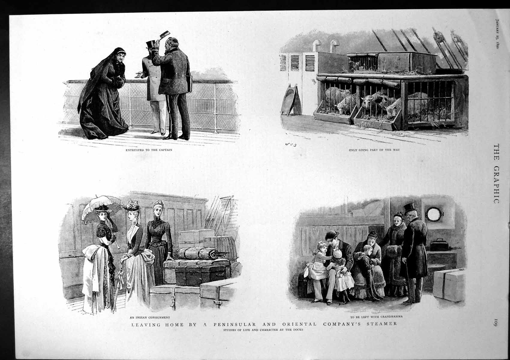 Antique Print Leaving Home Studies Life Docks Oriental Company Steamer 1890