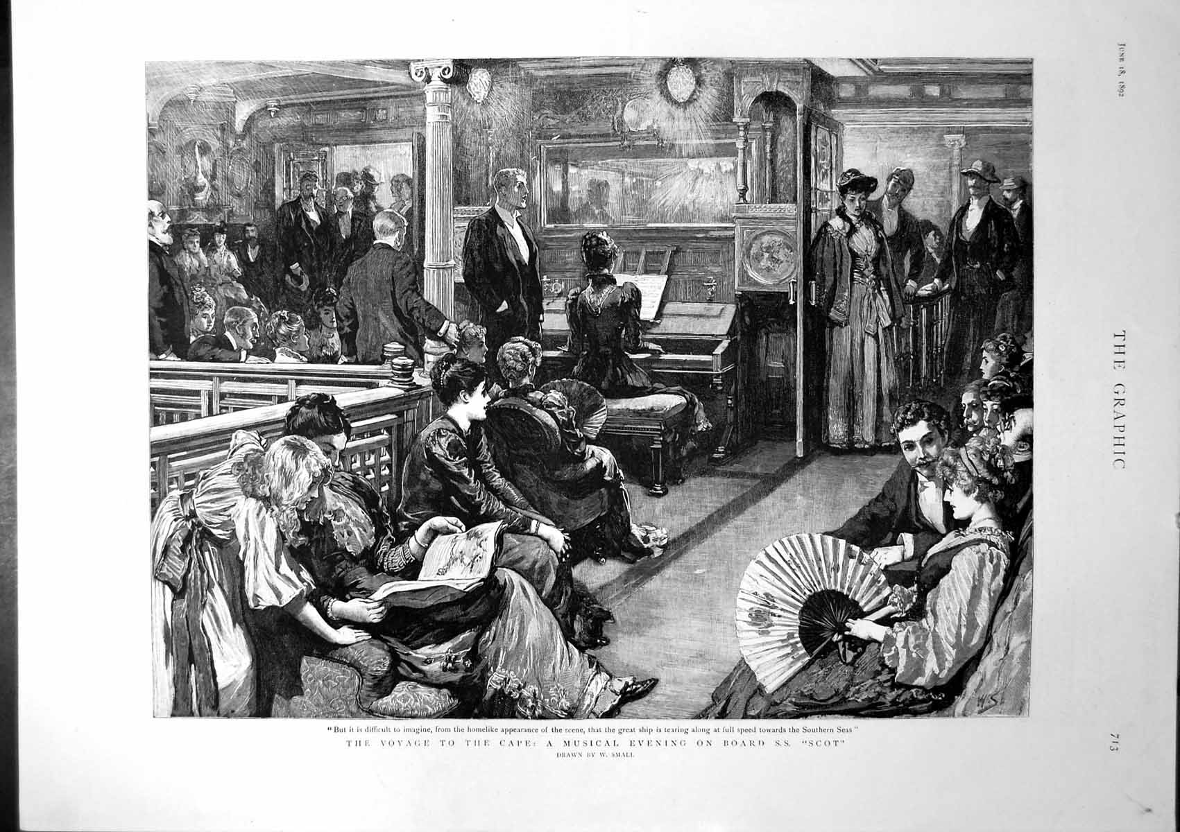 Antique Old Print Voyage Cape Musical Evening On Board Ss Scot W Small 1892