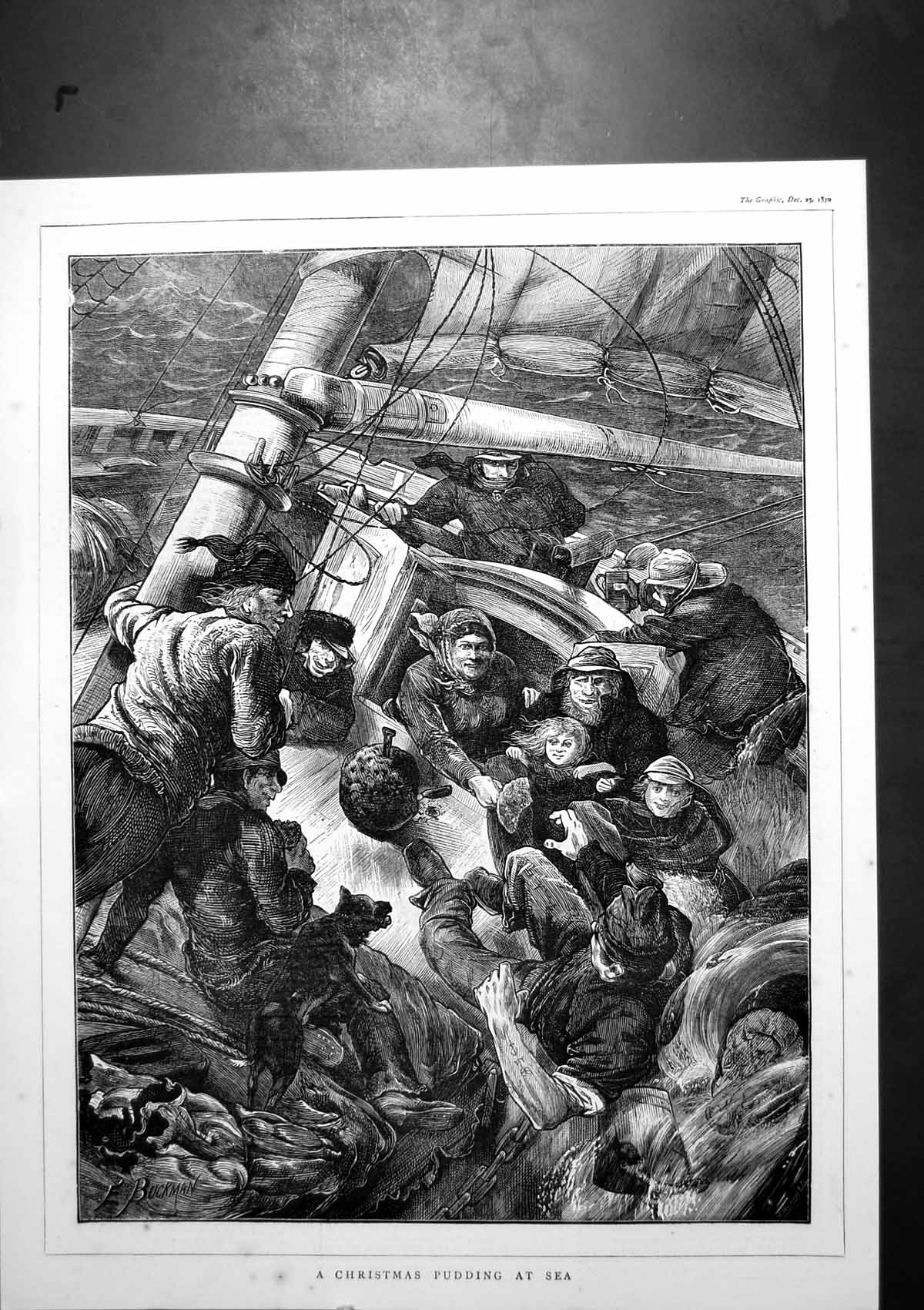 Old Antique Print Christmas Pudding At Sea Family Sailors Dog Boat 1870 19th