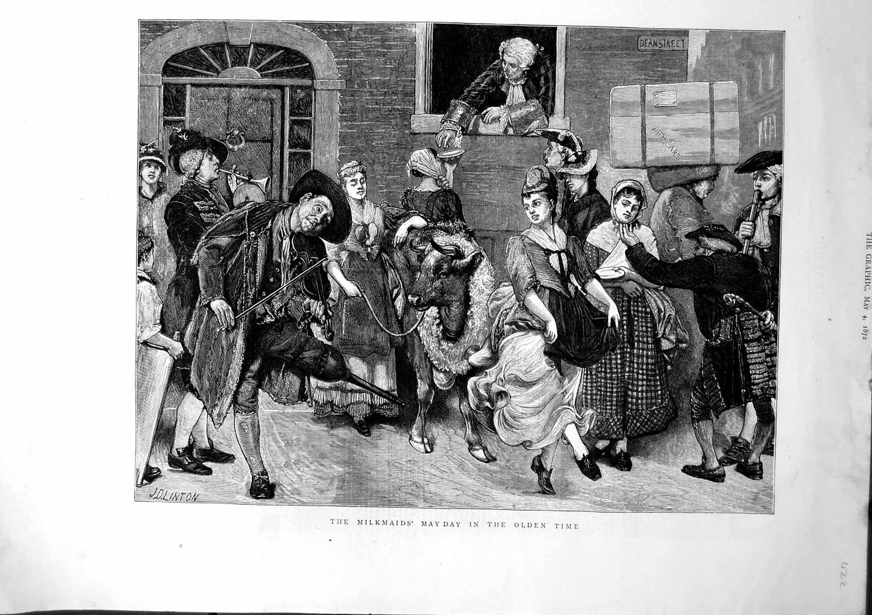 Old Print Milkmaids May Day Olen Time Dancing Street Fiddle Trumpet 1872 19th