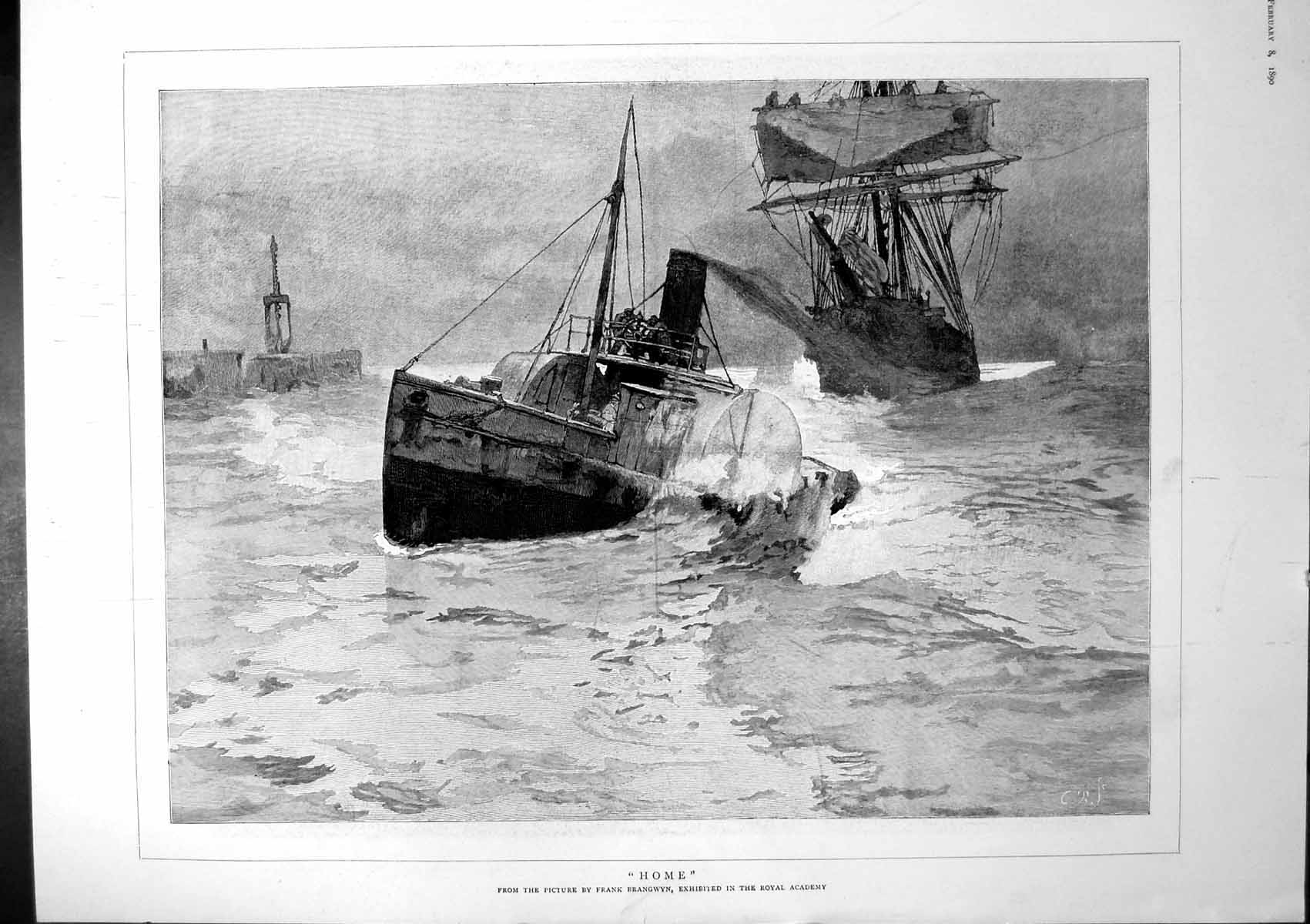 Antique Old Print Home Frank Brangwyn Royal Academy Two Ships Harbour 1890 19th