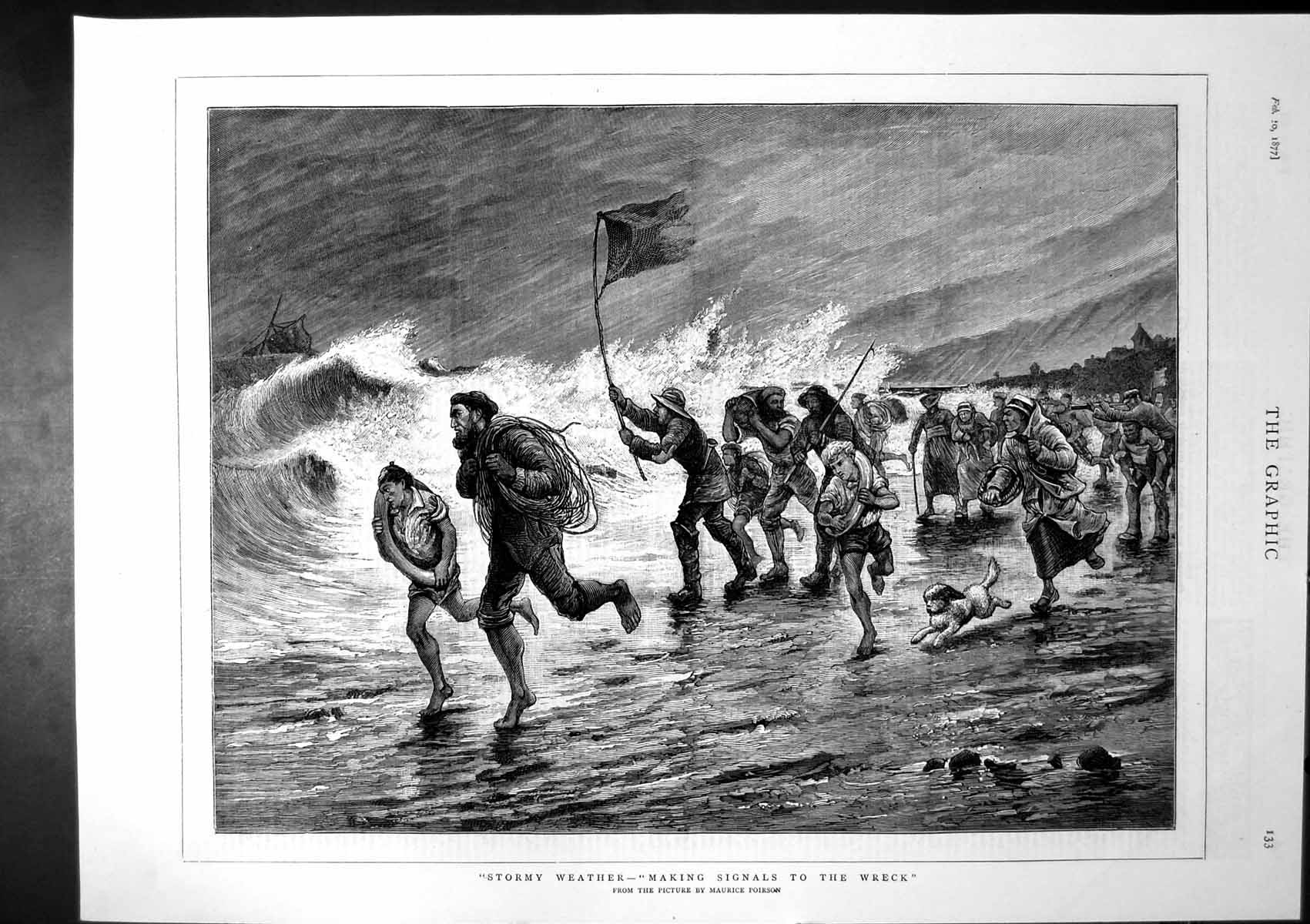 Antique Old Print Stormy Weather Making Signals Wreck Maurice Poirson 1877 19th