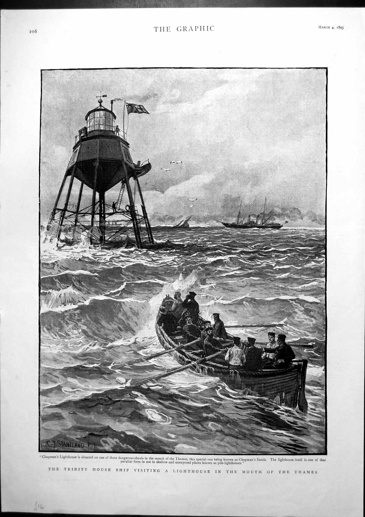Antique Old Print Trinity House Ship Visiting Lighthouse Mouth Thames 1893 19th