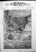 Antique Old Print Recent Gales Saving Sailors From Shipwrecked Vessel 1893 19th