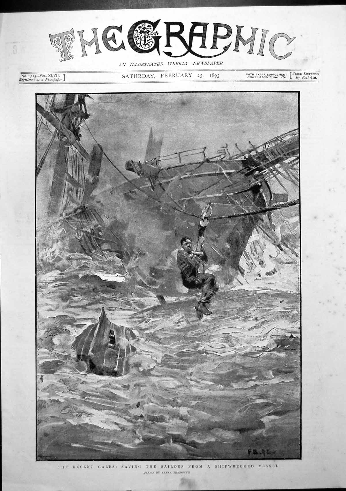 Antique Old Print Recent Gales Saving Sailors From Shipwrecked Vessel 1893 19th